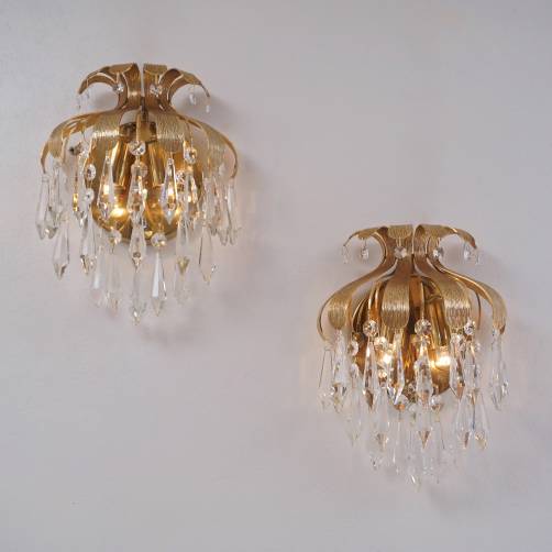 Palwa crystal pair wall lights sconces by Ernst Palme, brass pineapple, 1960`s, German
